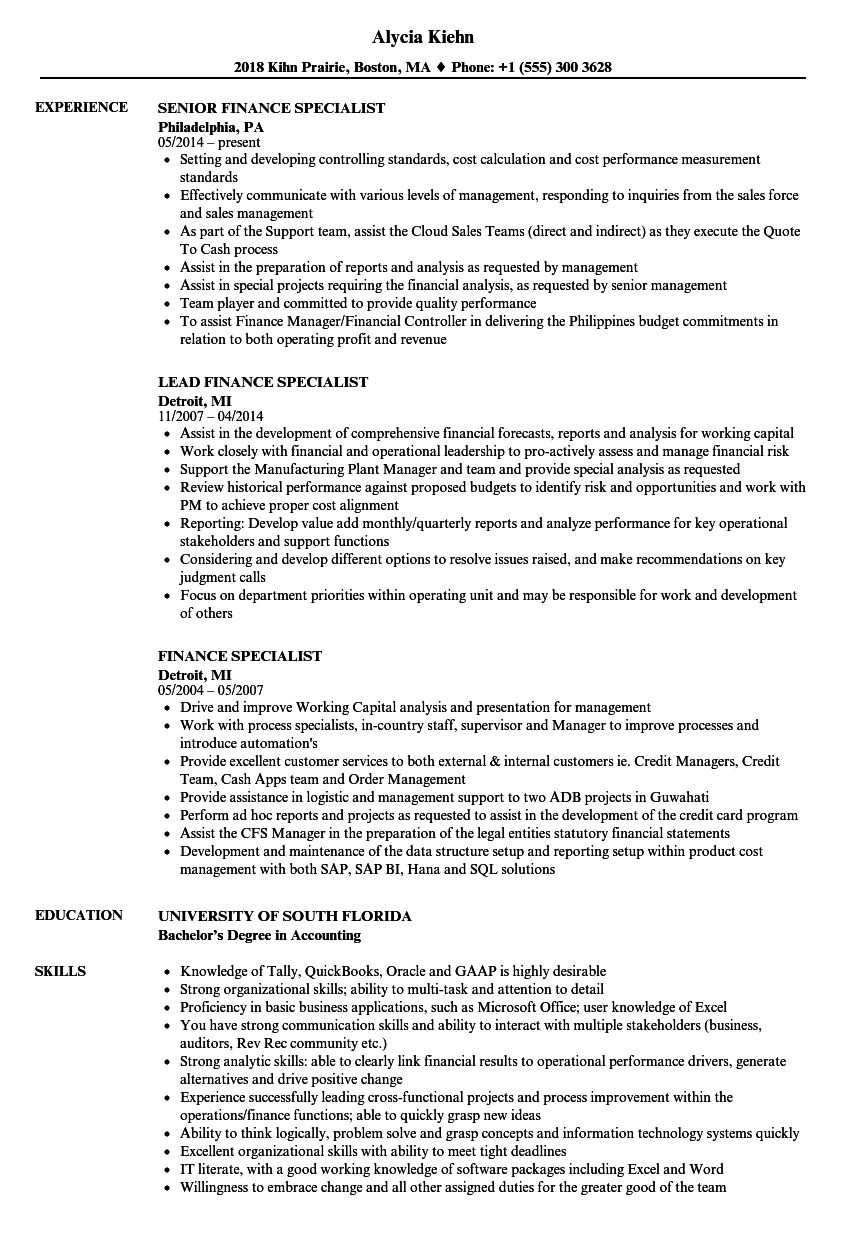 Finance Specialist Resume Samples | Velvet Jobs