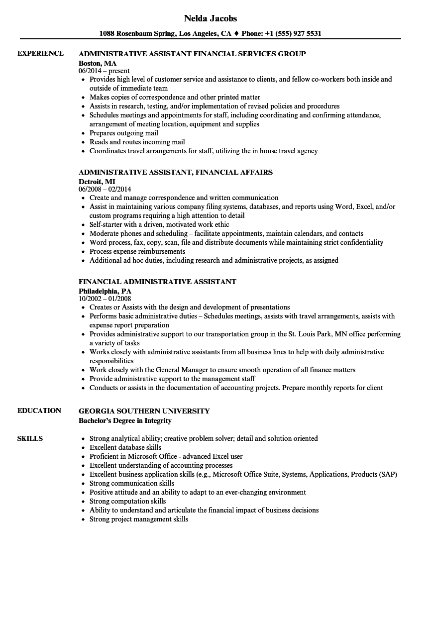 financial administrative assistant resume samples