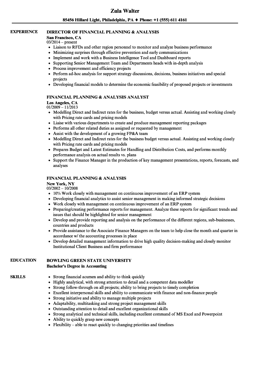 manager of financial planning and analysis resume