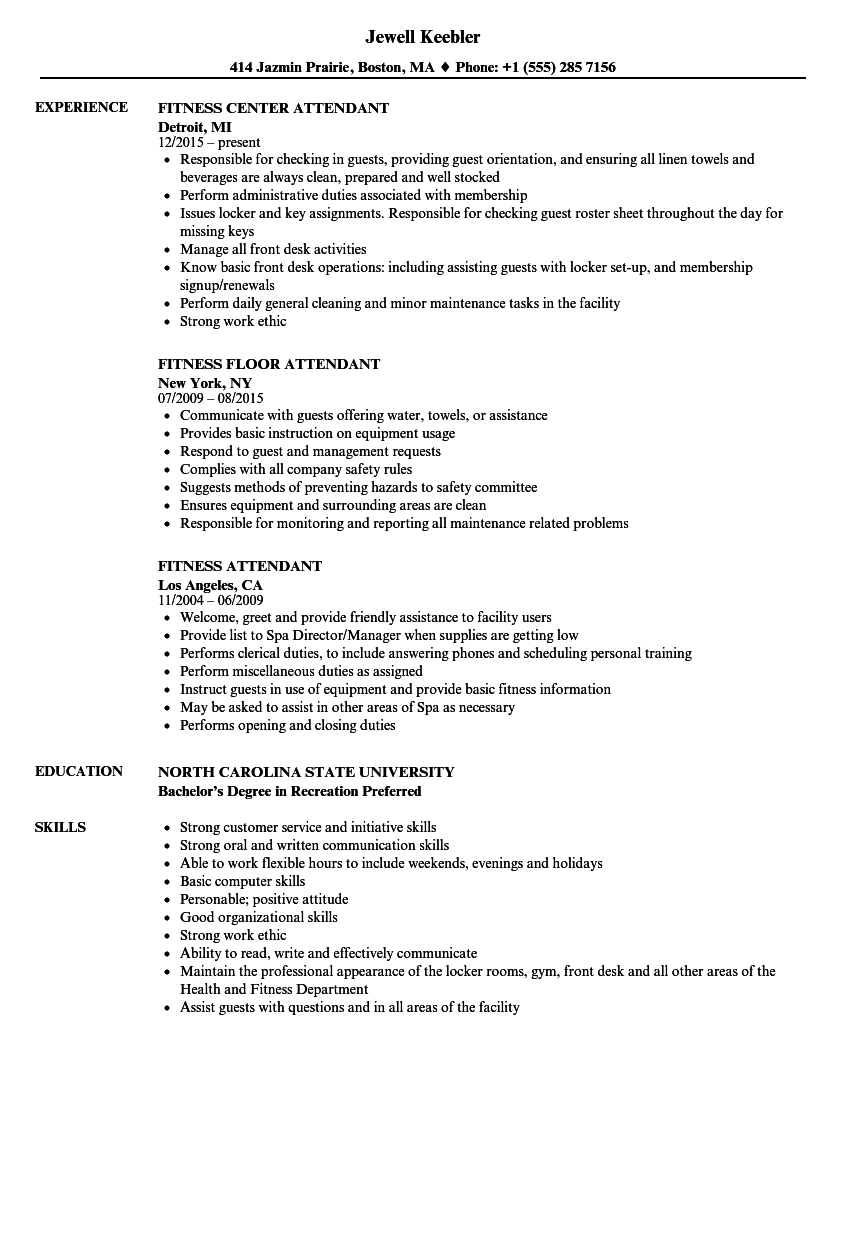 Fitness Attendant Resume Samples Velvet Jobs