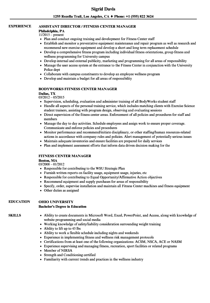 Fitness Manager Resume