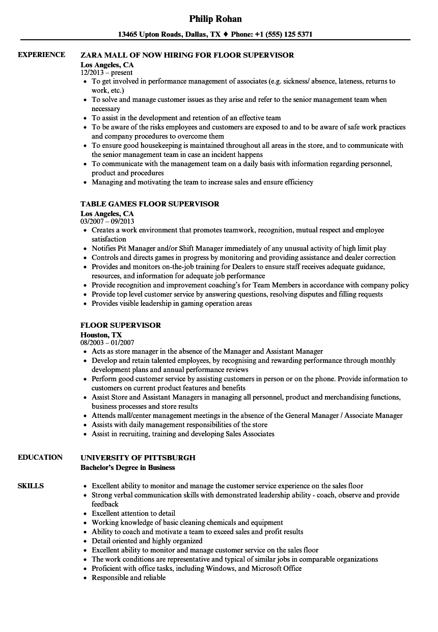 Floor Supervisor Resume Samples Velvet Jobs