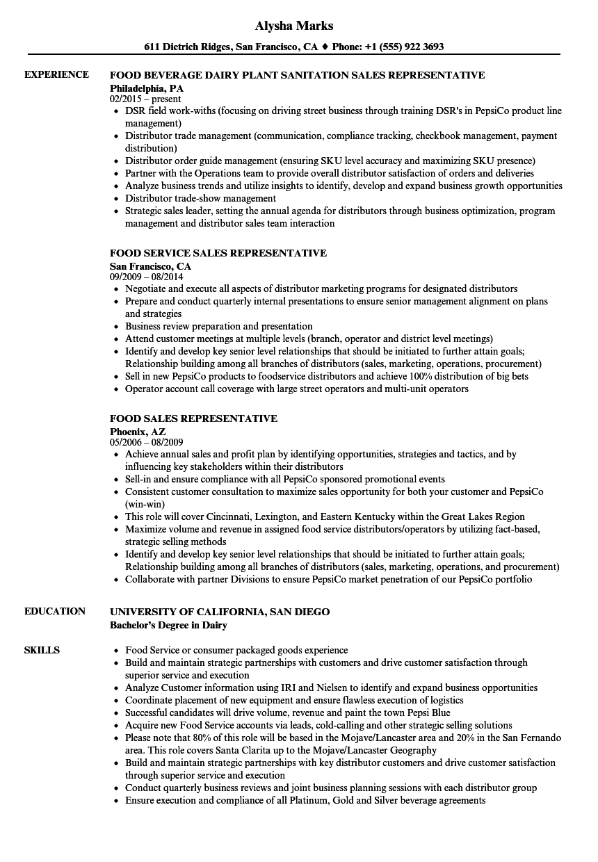 Food Sales Representative Resume Samples | Velvet Jobs