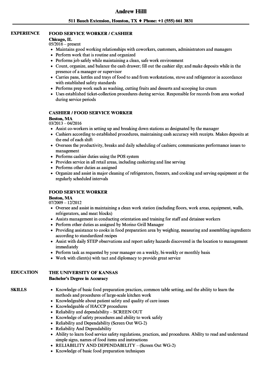 sample resume food service worker