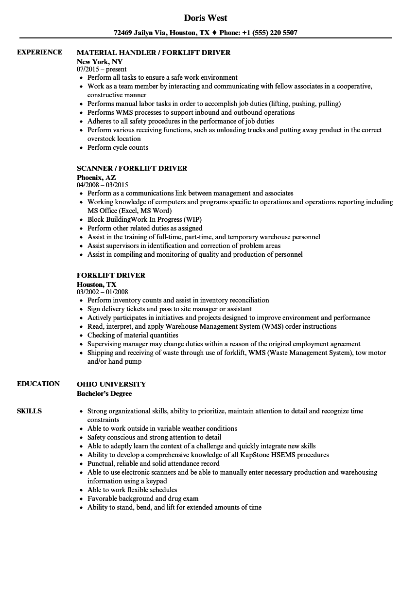 Forklift Driver Resume Samples Velvet Jobs