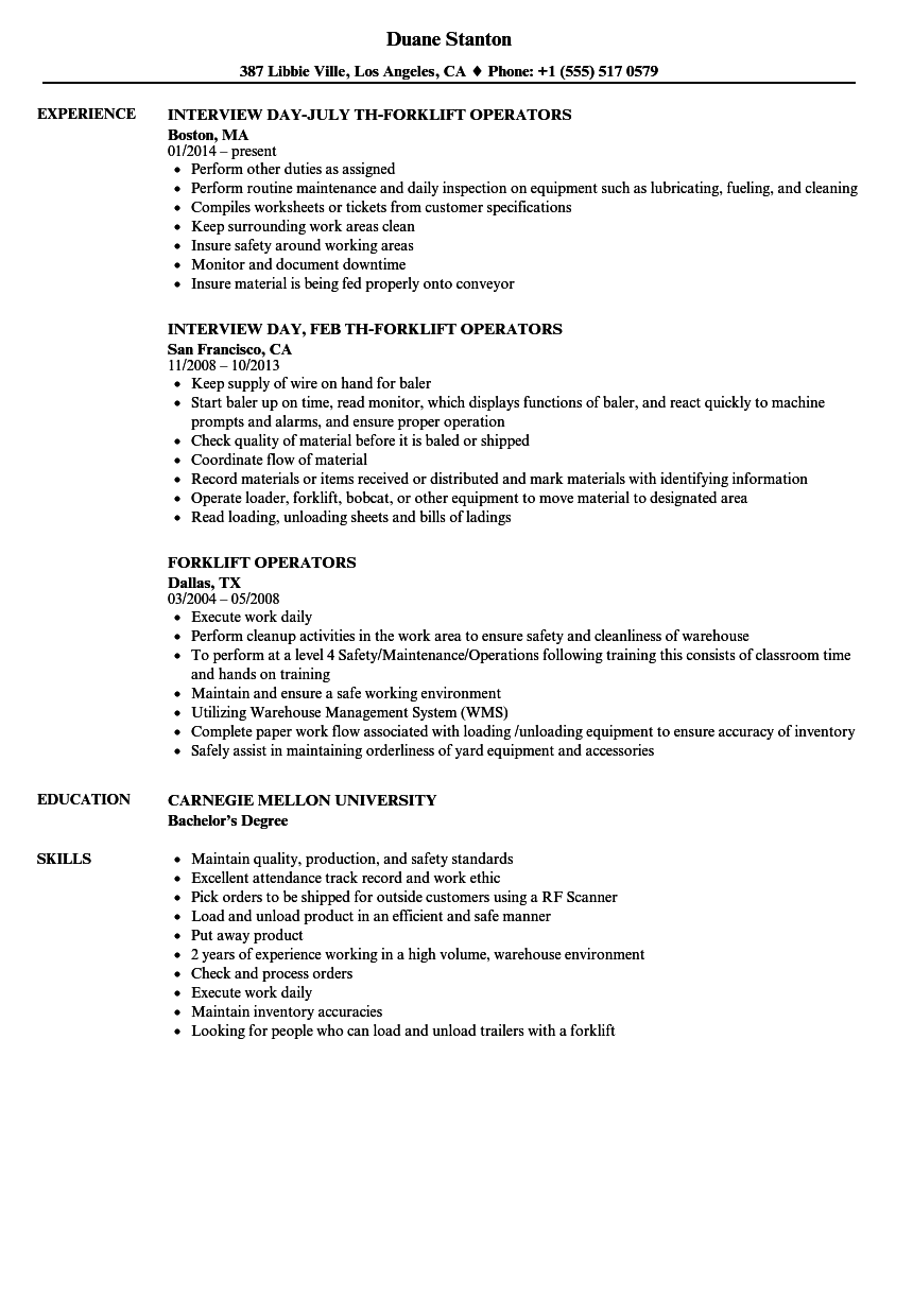 resume templates for forklift driver