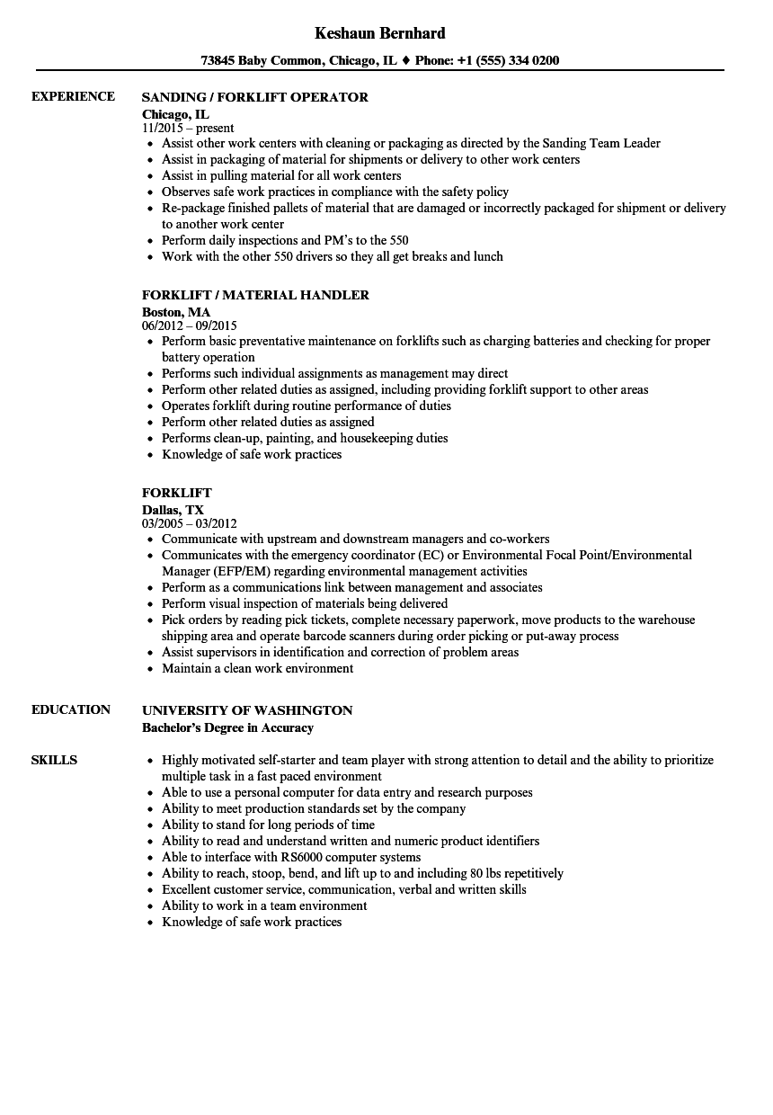 Forklift Resume Samples Velvet Jobs