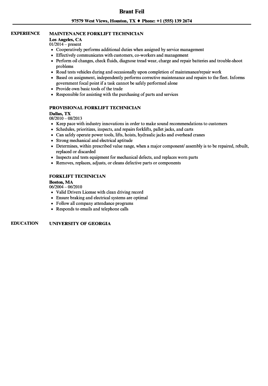 Forklift Technician Resume Samples Velvet Jobs