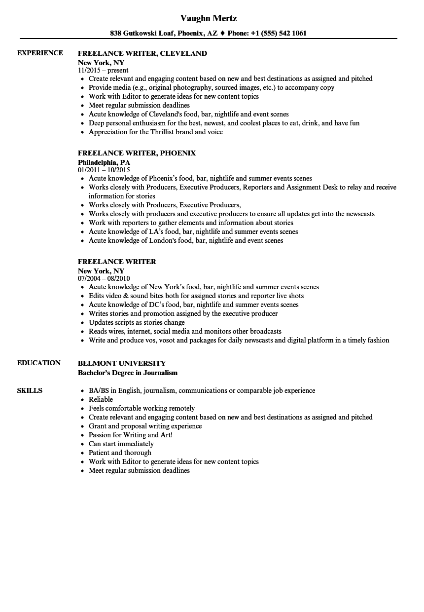 Freelance Writer Resume Samples Velvet Jobs