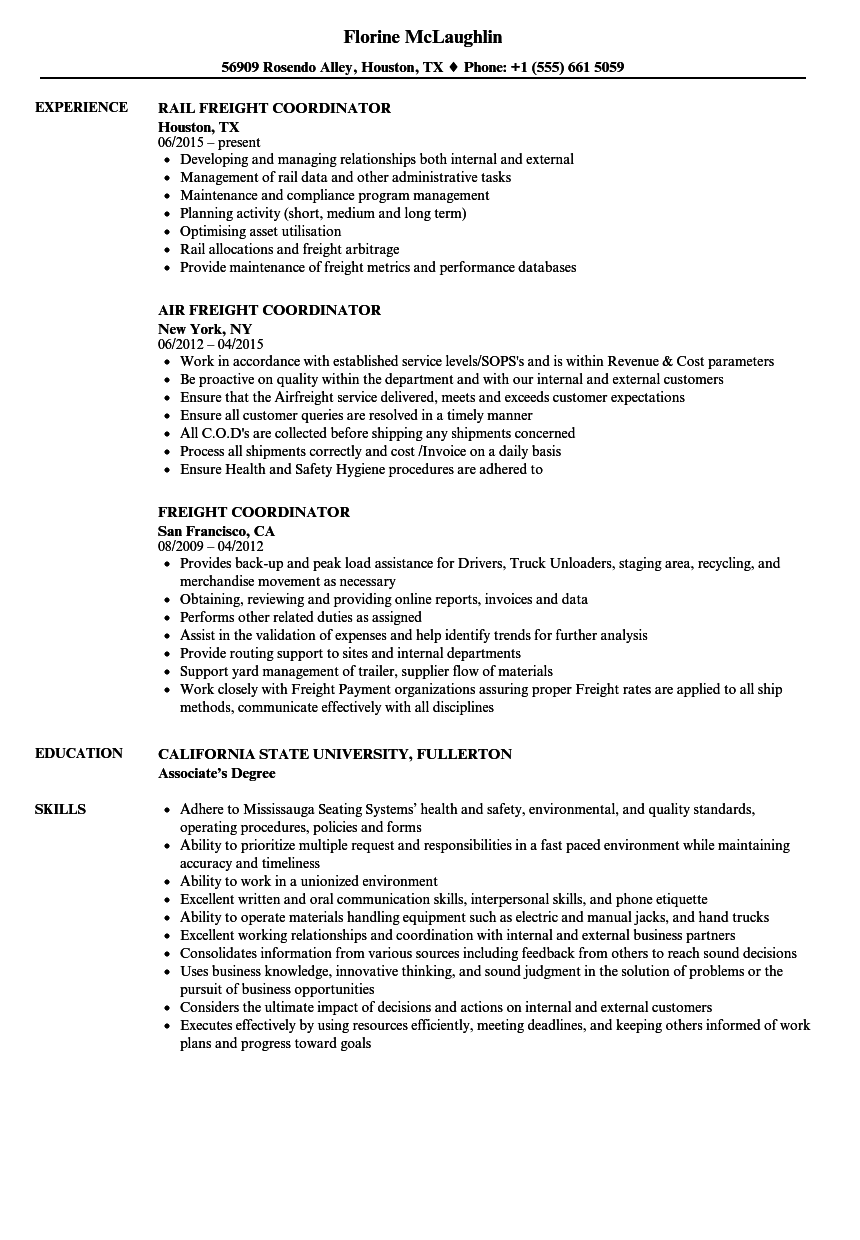 Freight Coordinator Resume Samples | Velvet Jobs