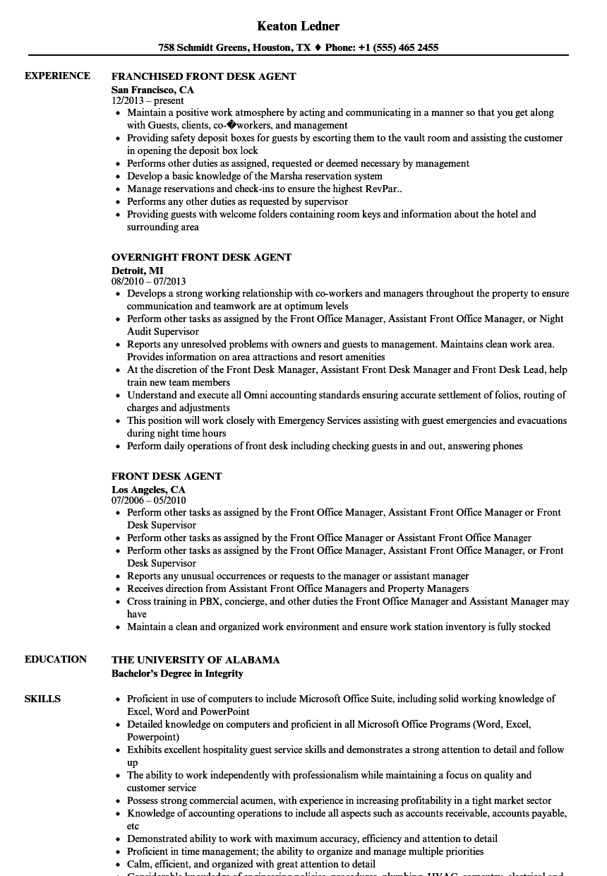 Front Desk Agent Resume Samples Velvet Jobs