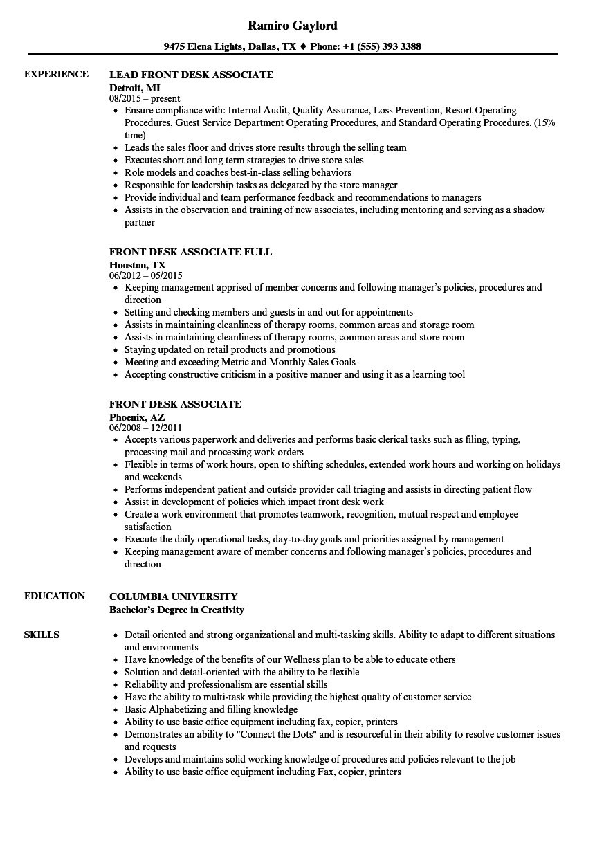 Front Desk Associate Resume Samples Velvet Jobs