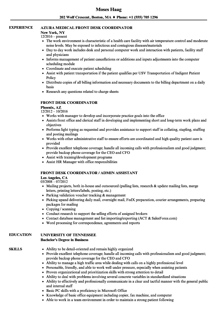 Front Desk Coordinator Resume Samples Velvet Jobs