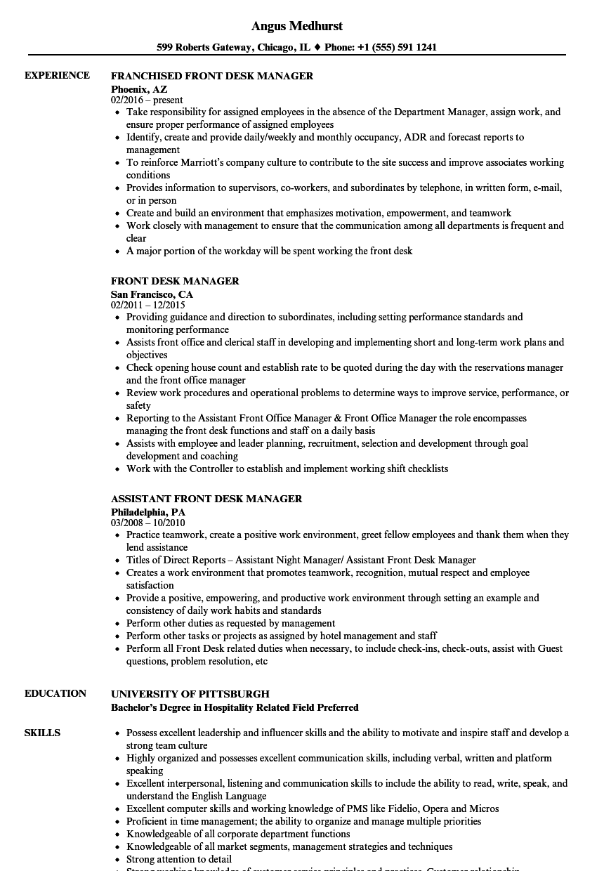 Front Desk Manager Resume Samples Velvet Jobs