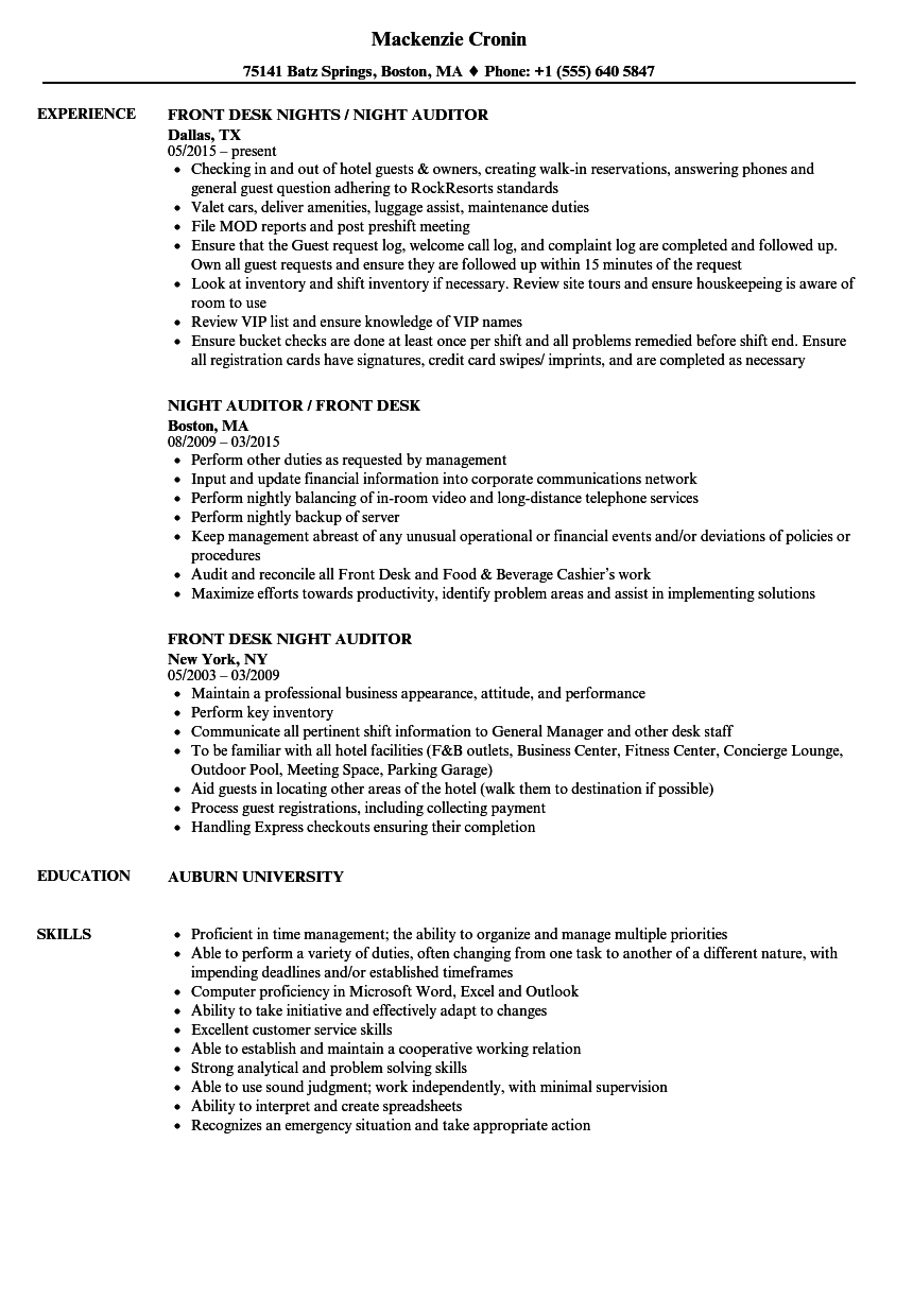 Front Desk Night Auditor Resume Samples Velvet Jobs