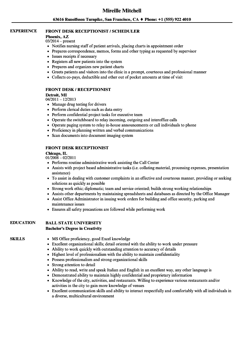 Front Desk Receptionist Sample Resume Baeti