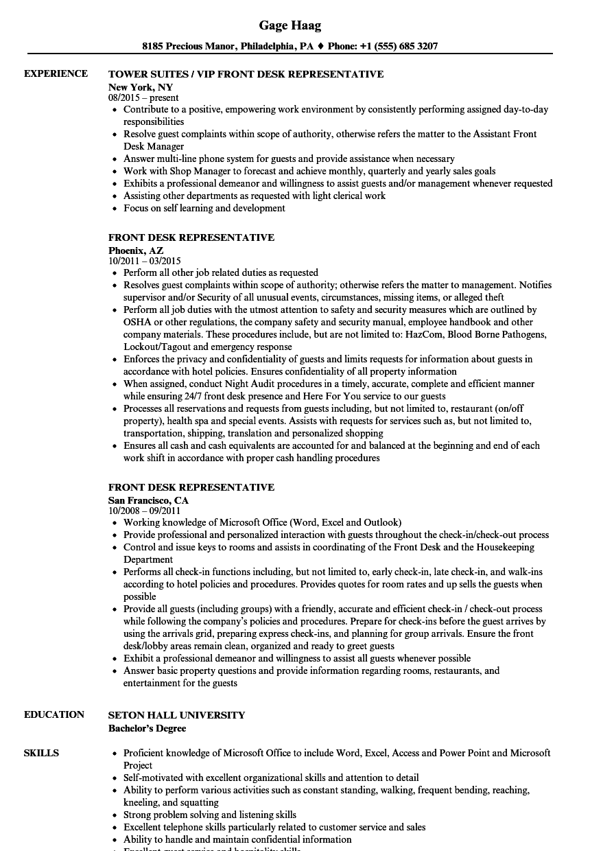 Front Desk Representative Resume Samples Velvet Jobs