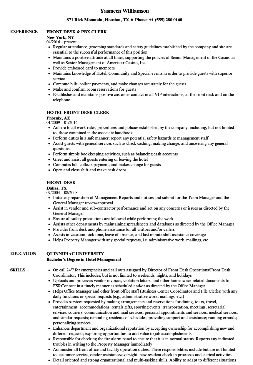 Front Desk Resume Samples Velvet Jobs