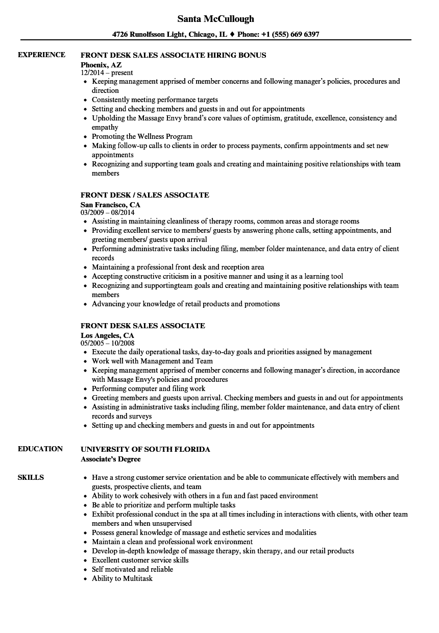 Front Desk Sales Associate Resume Samples | Velvet Jobs