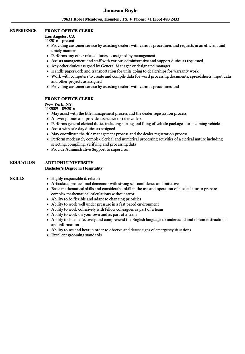 Front Office Clerk Resume Samples Velvet Jobs