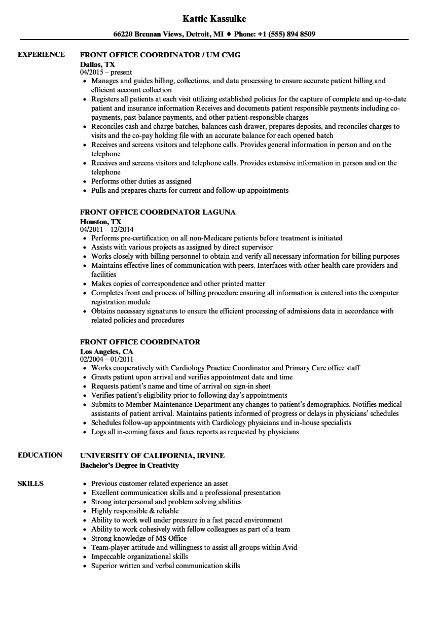 Front Office Coordinator Resume Samples Velvet Jobs