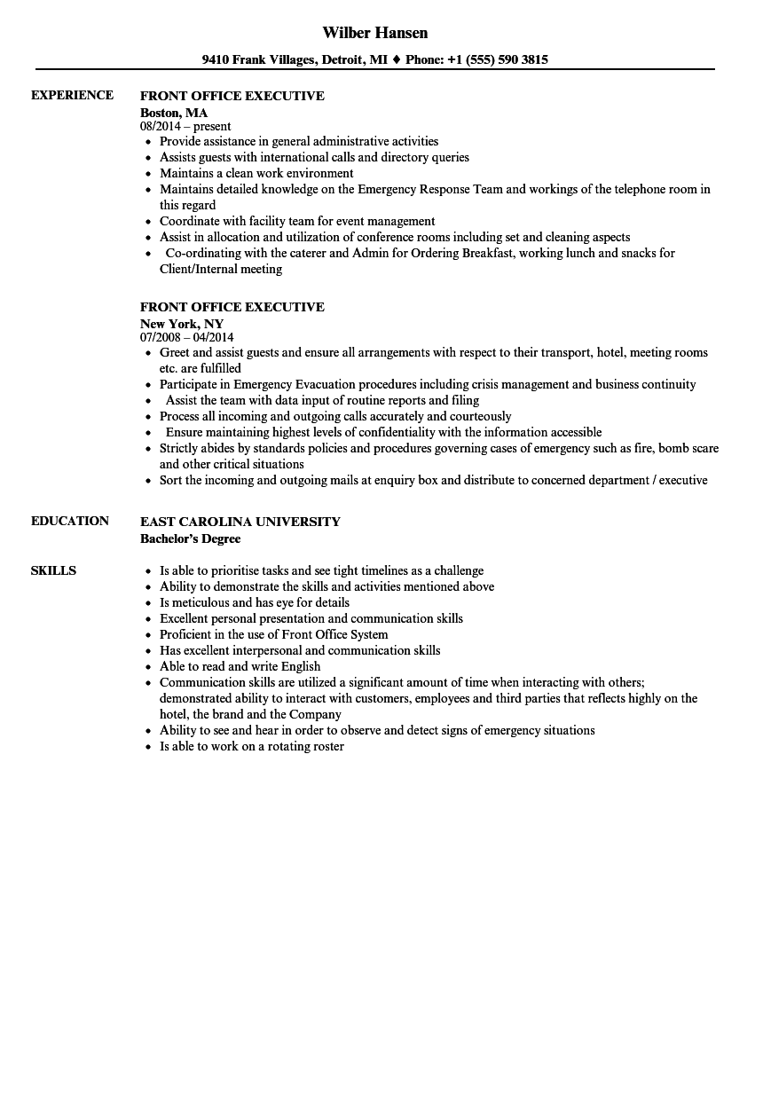 Front Office Executive Resume Samples Velvet Jobs