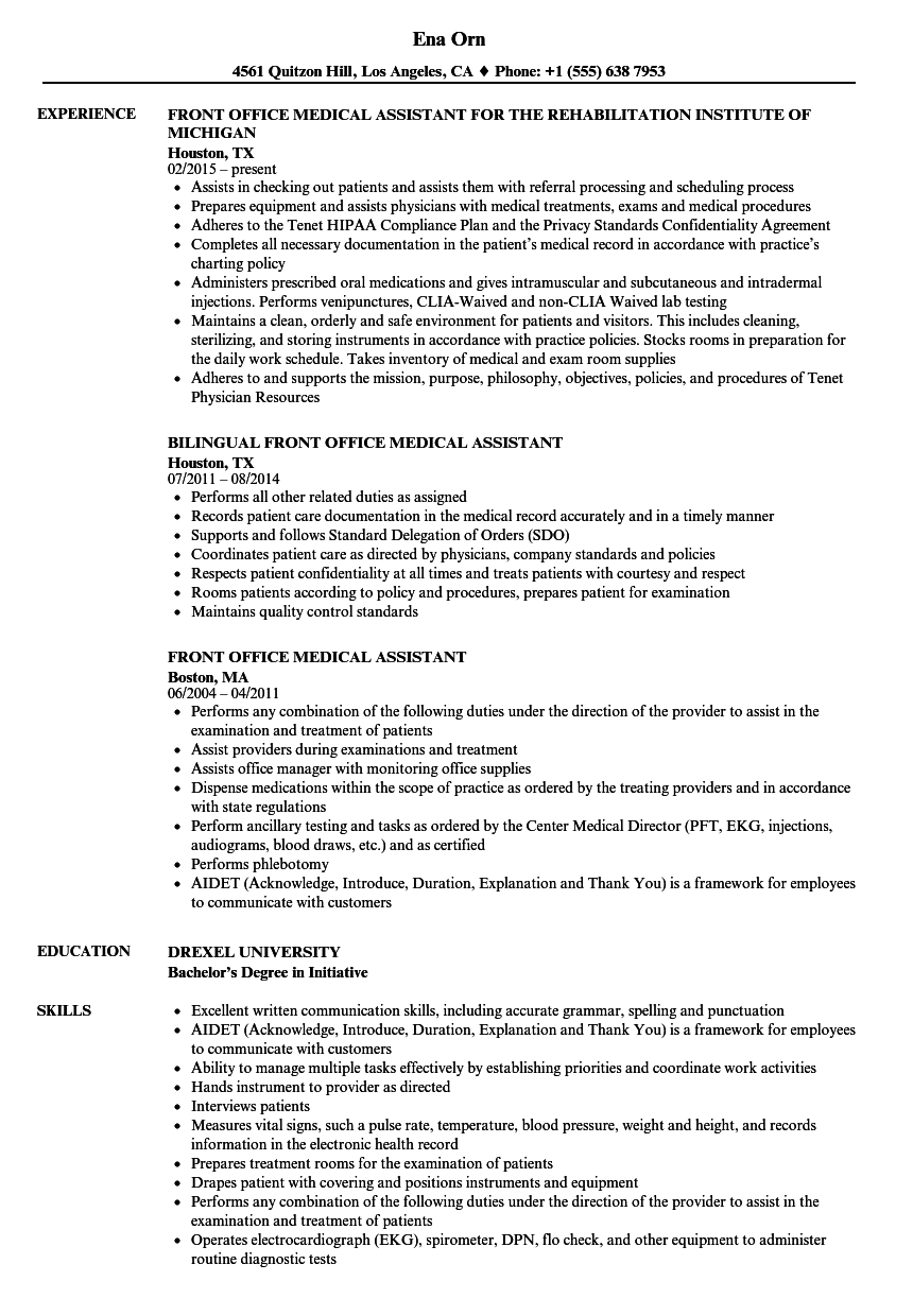 Front Office Medical Assistant Resume Samples Velvet Jobs