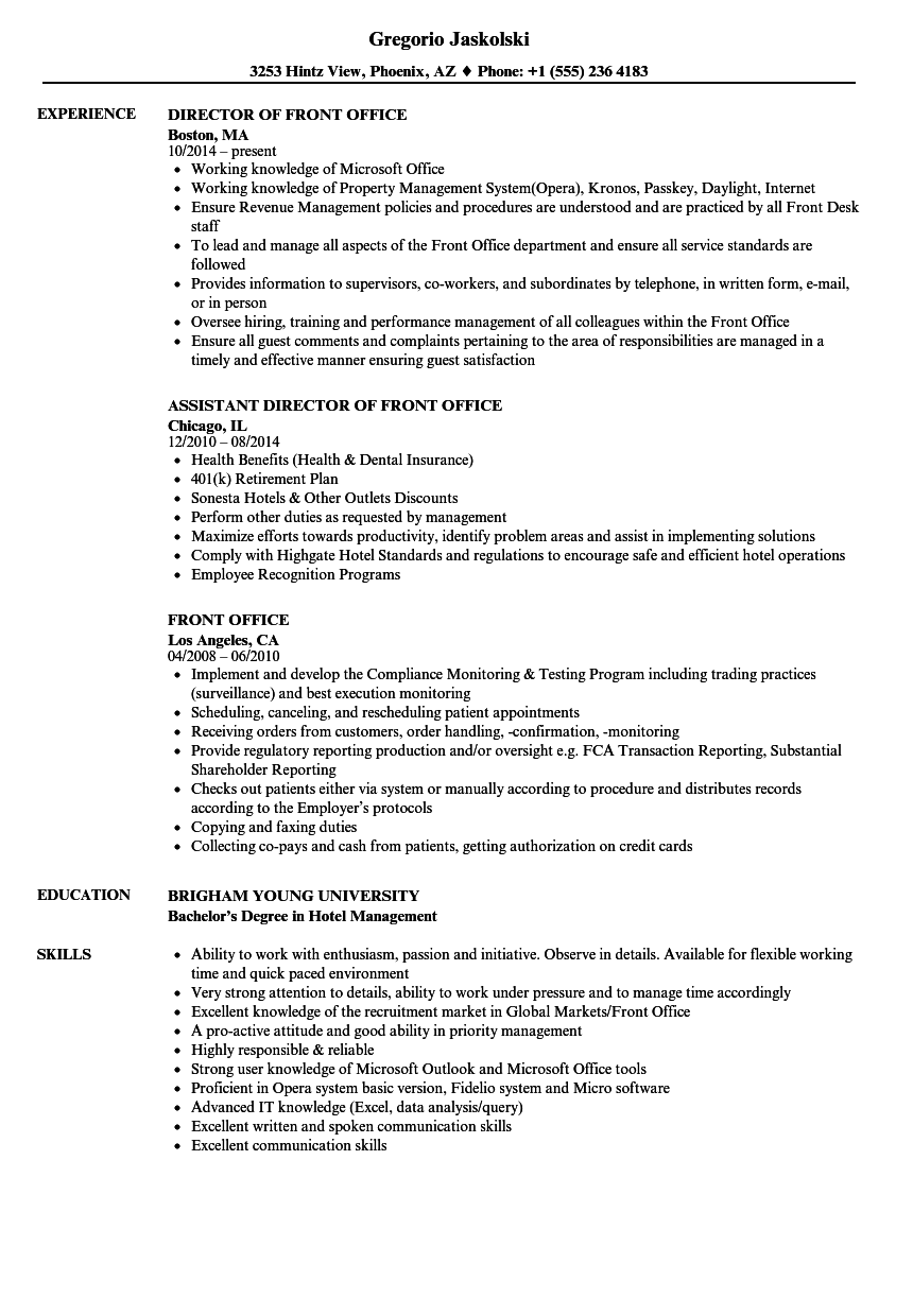 Front Office Resume Samples Velvet Jobs