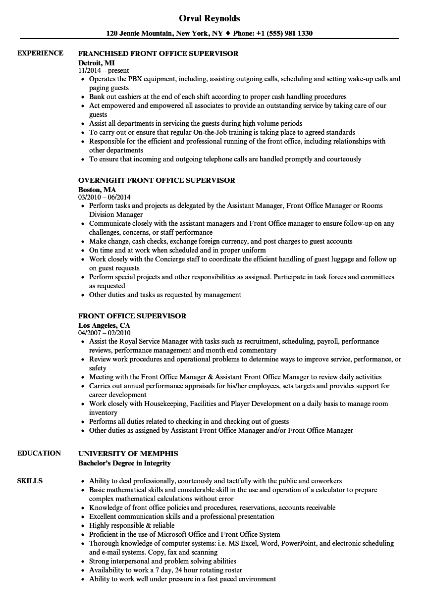 Front Office Supervisor Resume Samples | Velvet Jobs