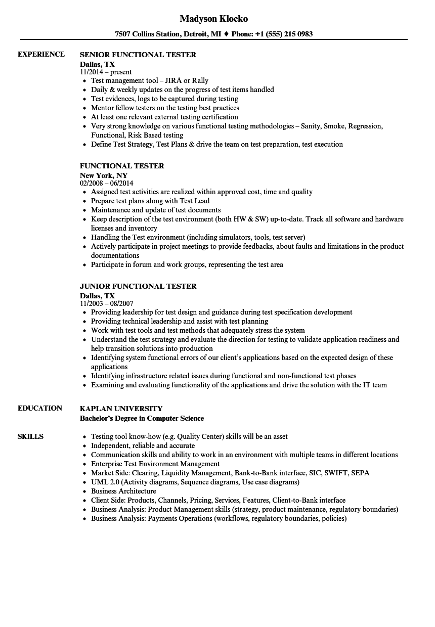 Functional Tester Resume Samples Velvet Jobs Functional Tester Resume Samples Velvet Jobs