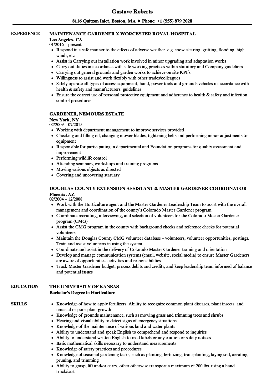 Gardener Resume Samples Velvet Jobs