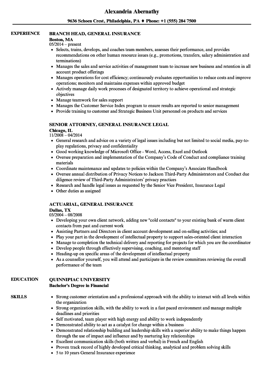 General Insurance Resume Samples Velvet Jobs