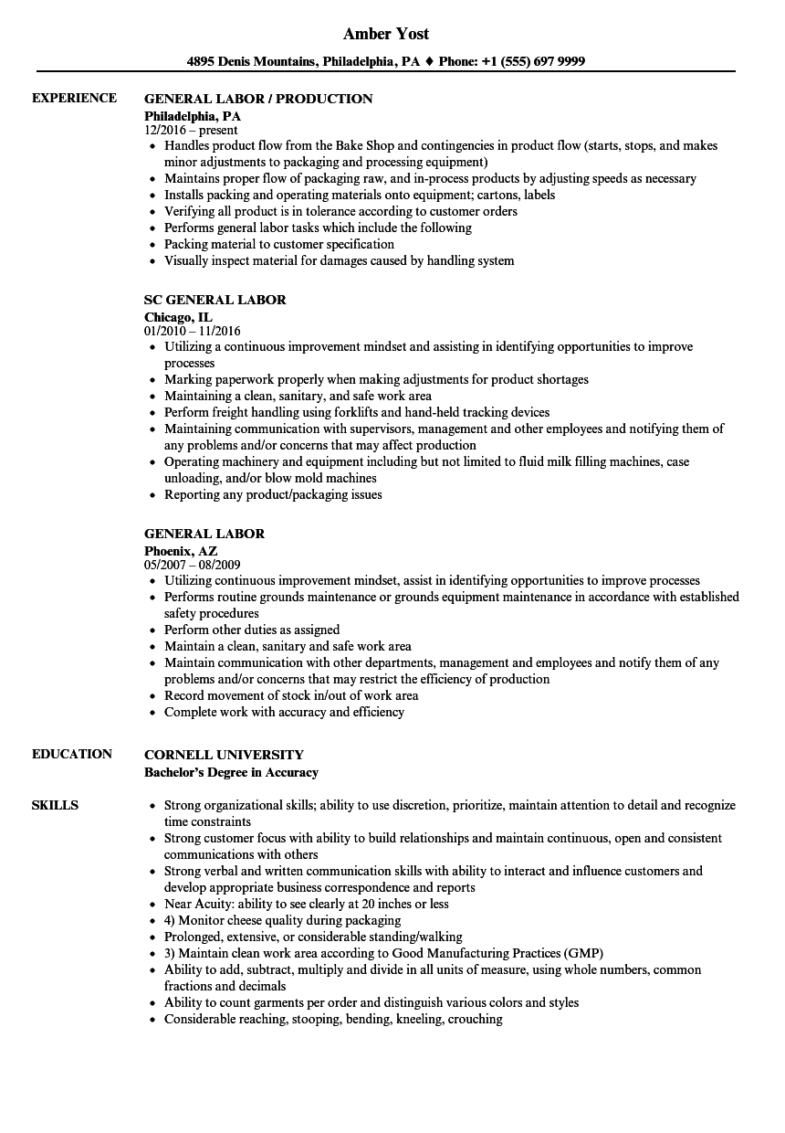 Resume Samples Labor Jobs General Laborer Resume Sample