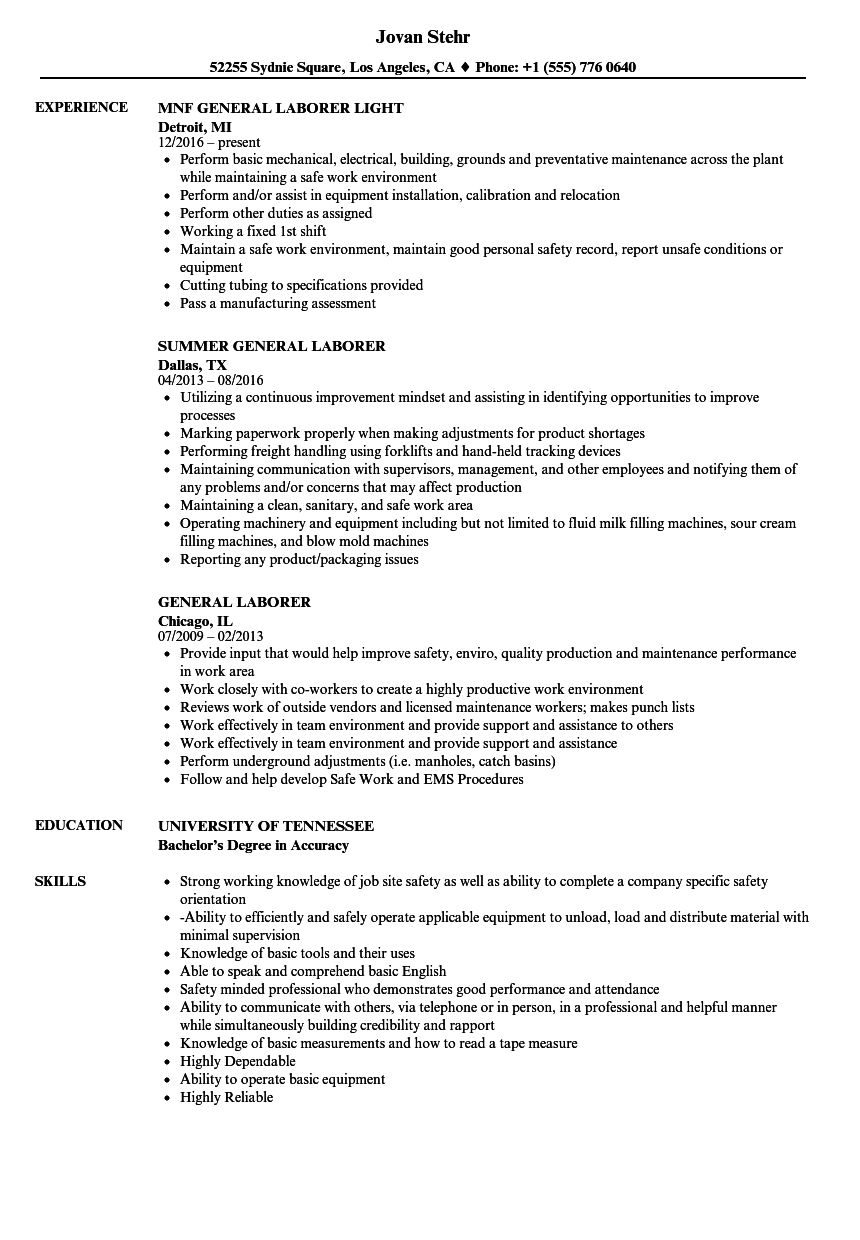 resume sample for laborer