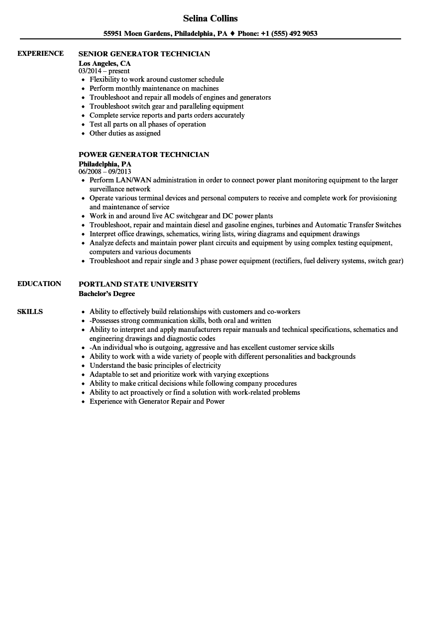 Generator Technician Resume Samples Velvet Jobs