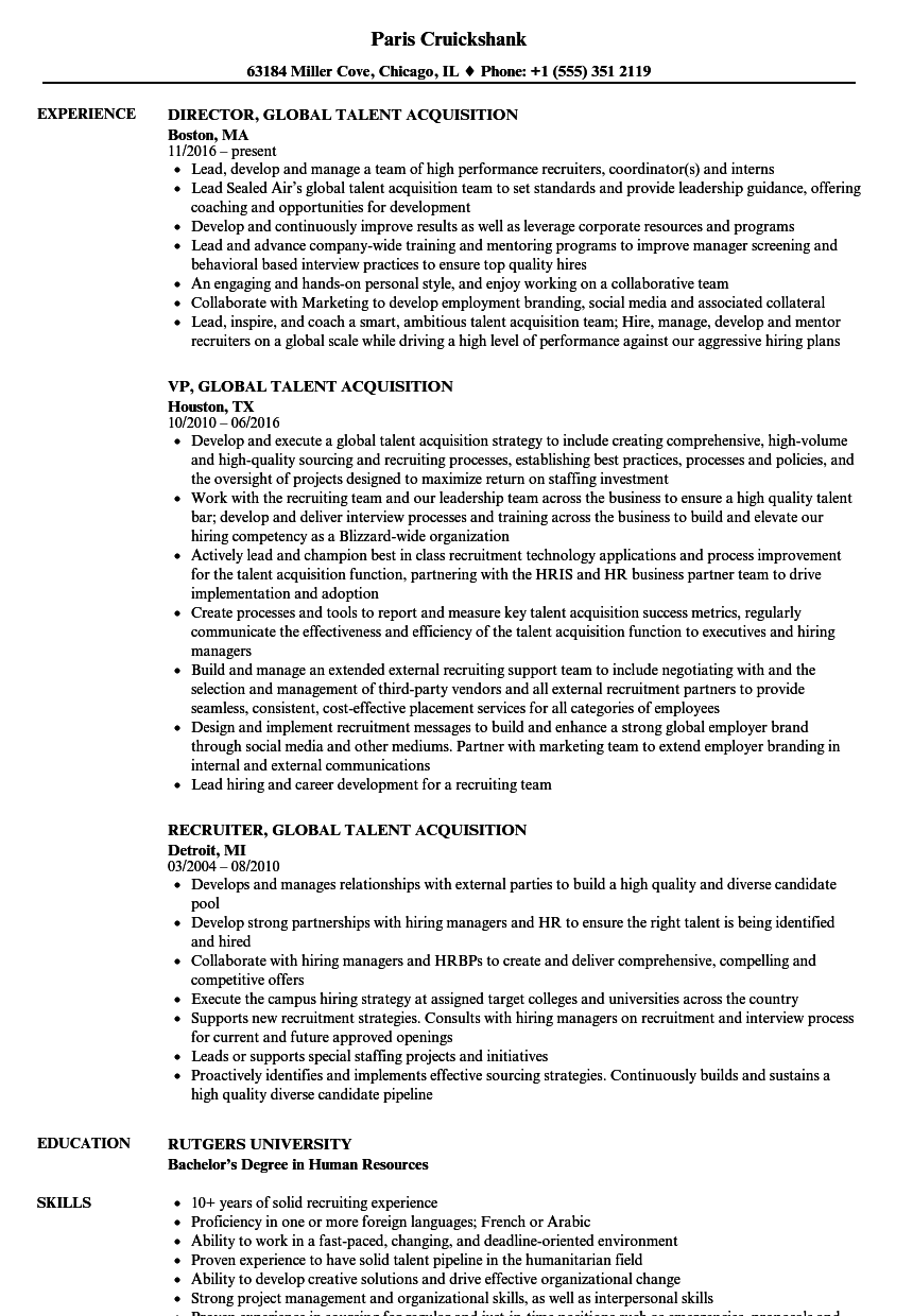 Global Talent Acquisition Resume Samples Velvet Jobs