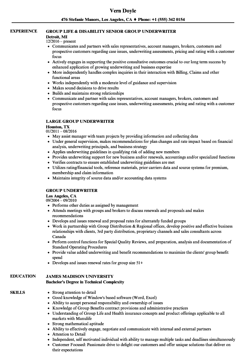 Group Underwriter Resume Samples | Velvet Jobs