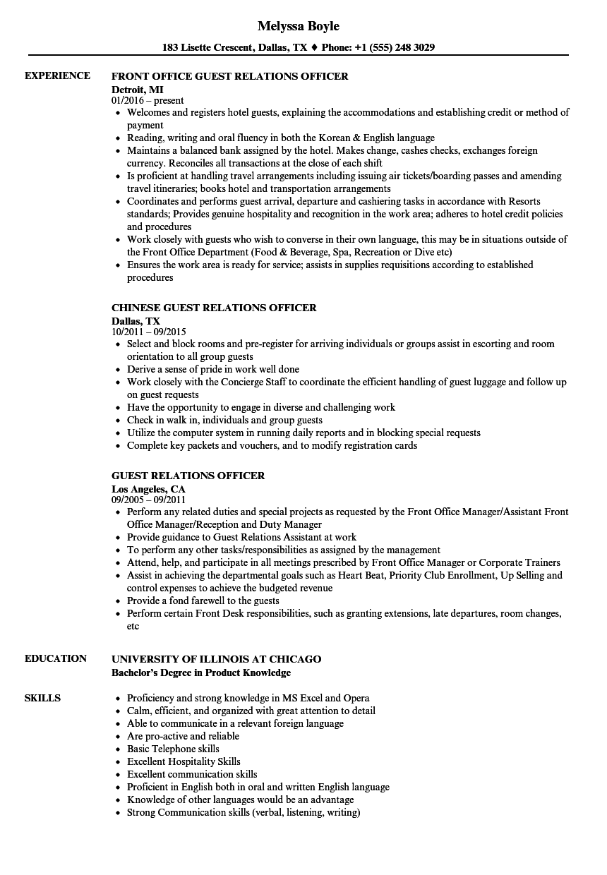 Guest Relations Officer Resume Samples Velvet Jobs