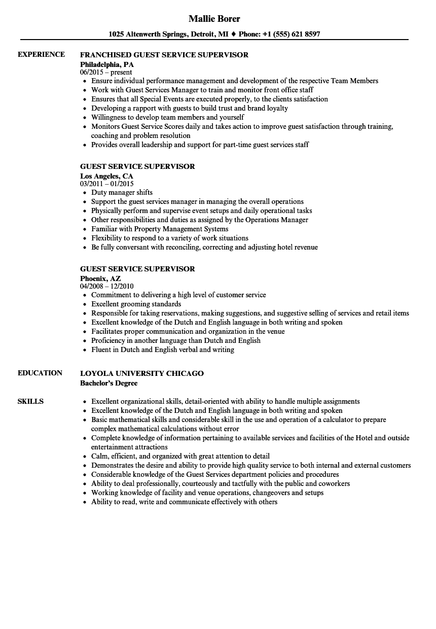 Guest Service Supervisor Resume Samples | Velvet Jobs