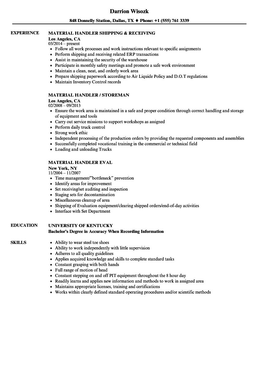 Handler Material Resume Samples