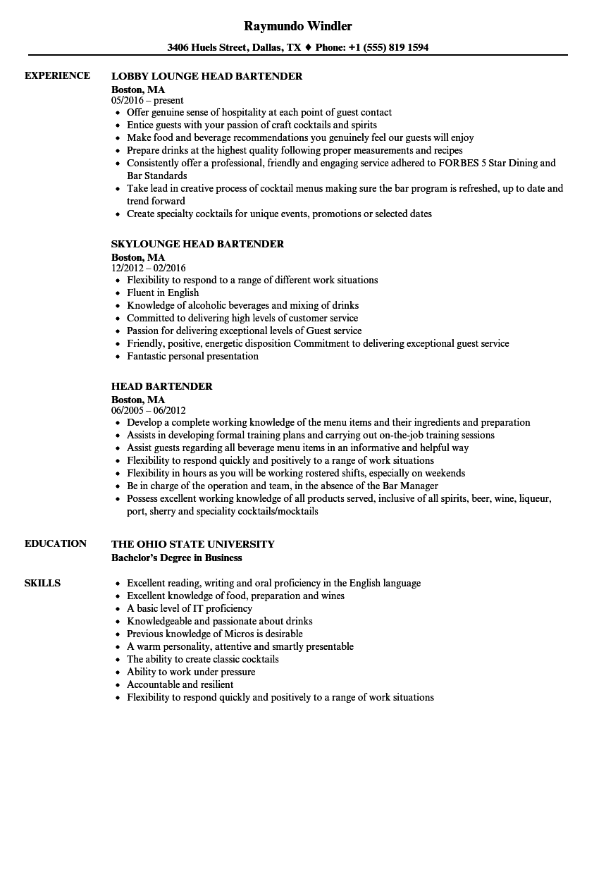 resume objective examples for bartender