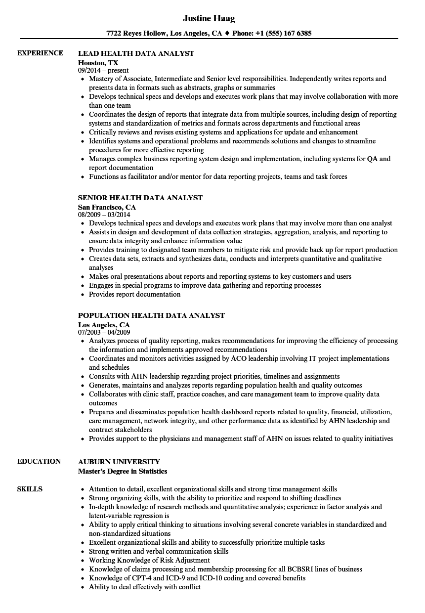 sample resume for healthcare data analyst