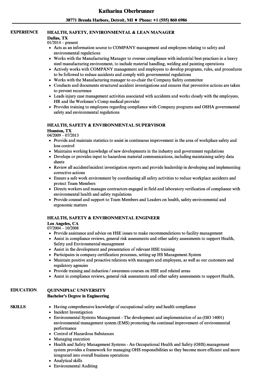 health  safety  u0026 environmental resume samples