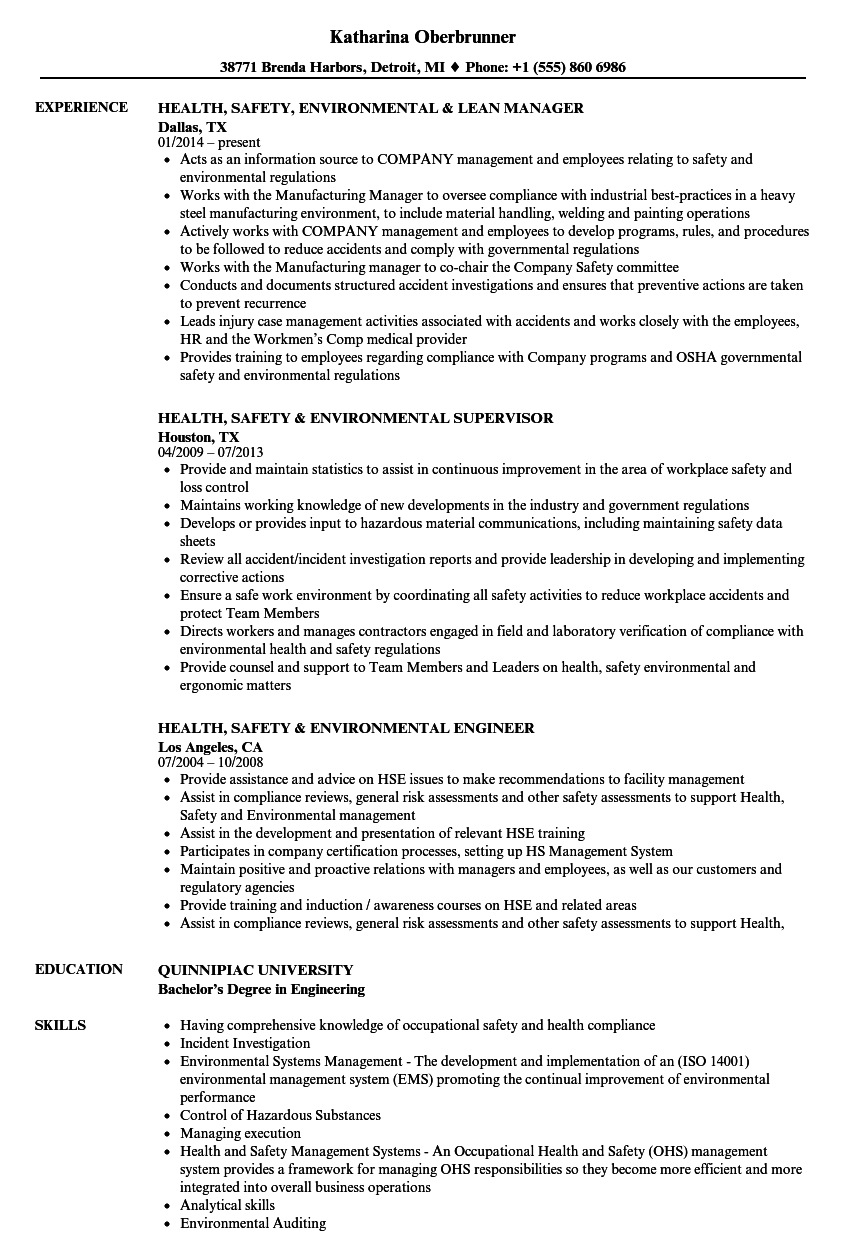 Health, Safety & Environmental Resume Samples | Velvet Jobs