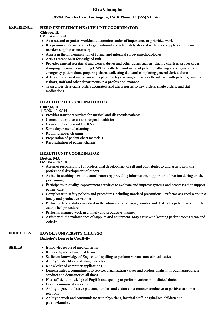 Health Unit Coordinator Resume Samples | Velvet Jobs