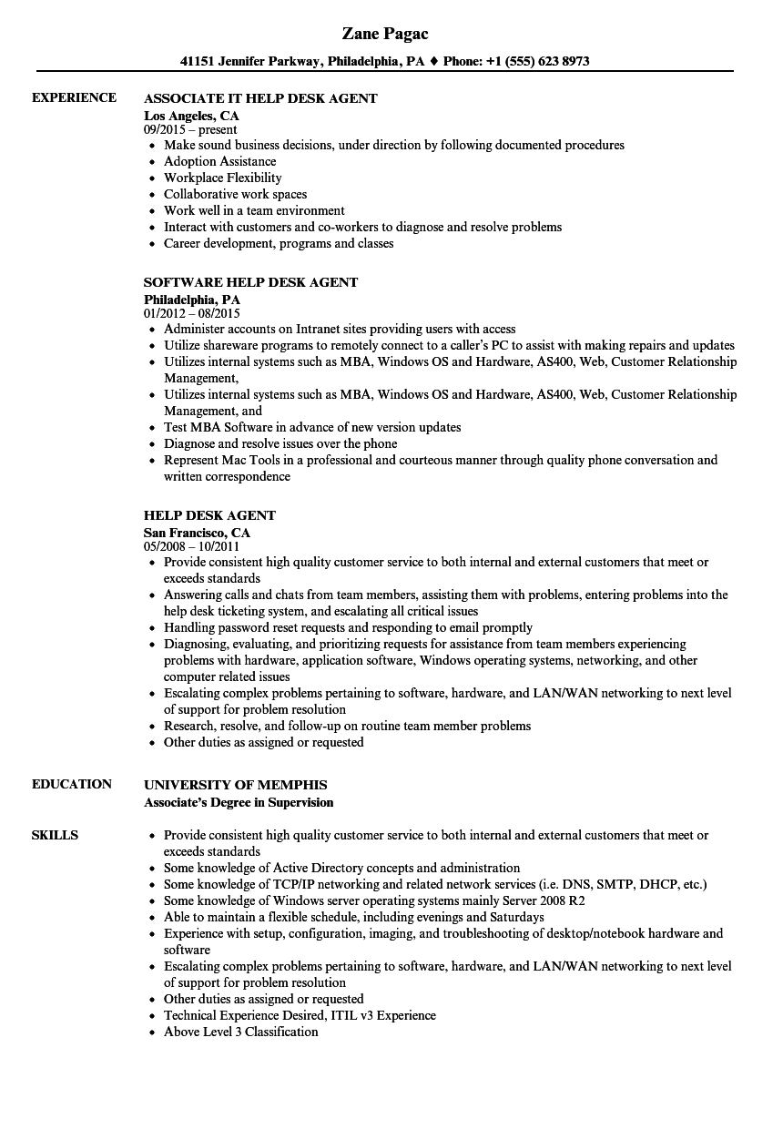 Help Desk Agent Resume Samples Velvet Jobs