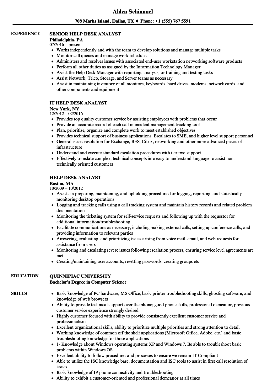 resume for service desk analyst