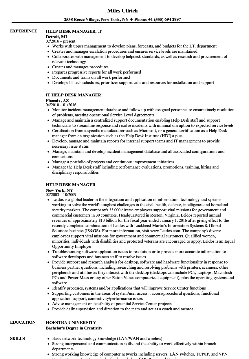 Help Desk Manager Resume Remar