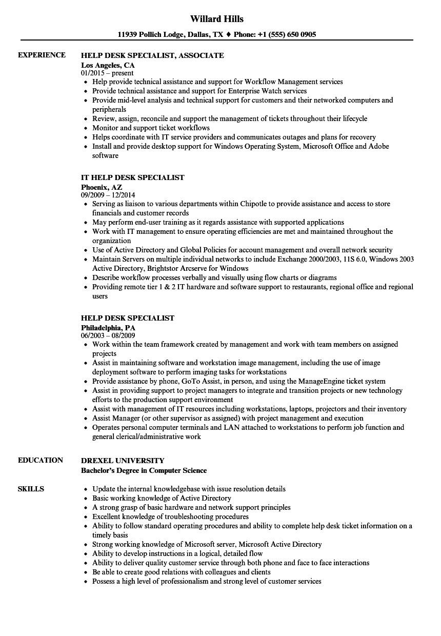 Help Desk Specialist Resume Samples Velvet Jobs