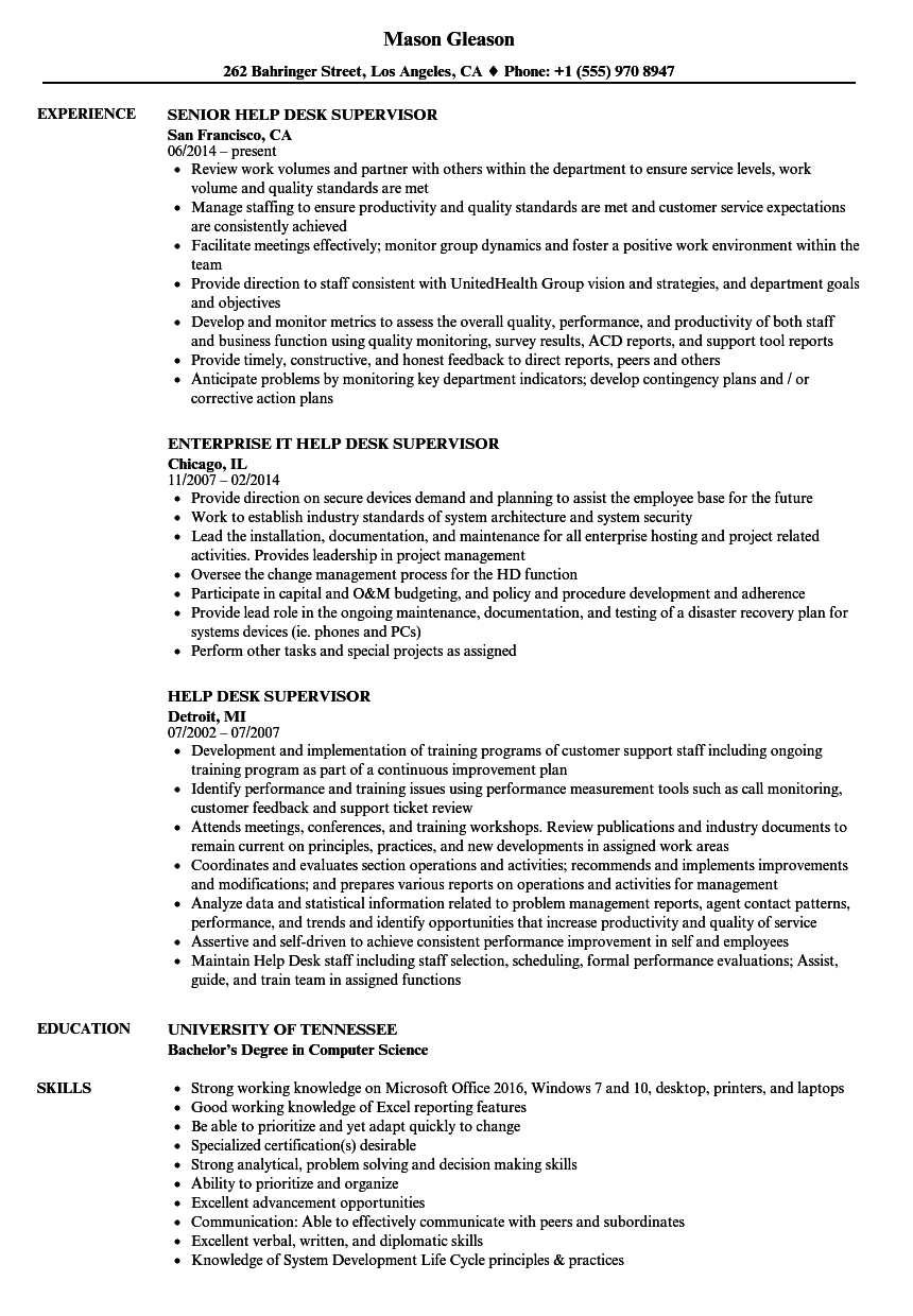 Help Desk Supervisor Resume Samples Velvet Jobs